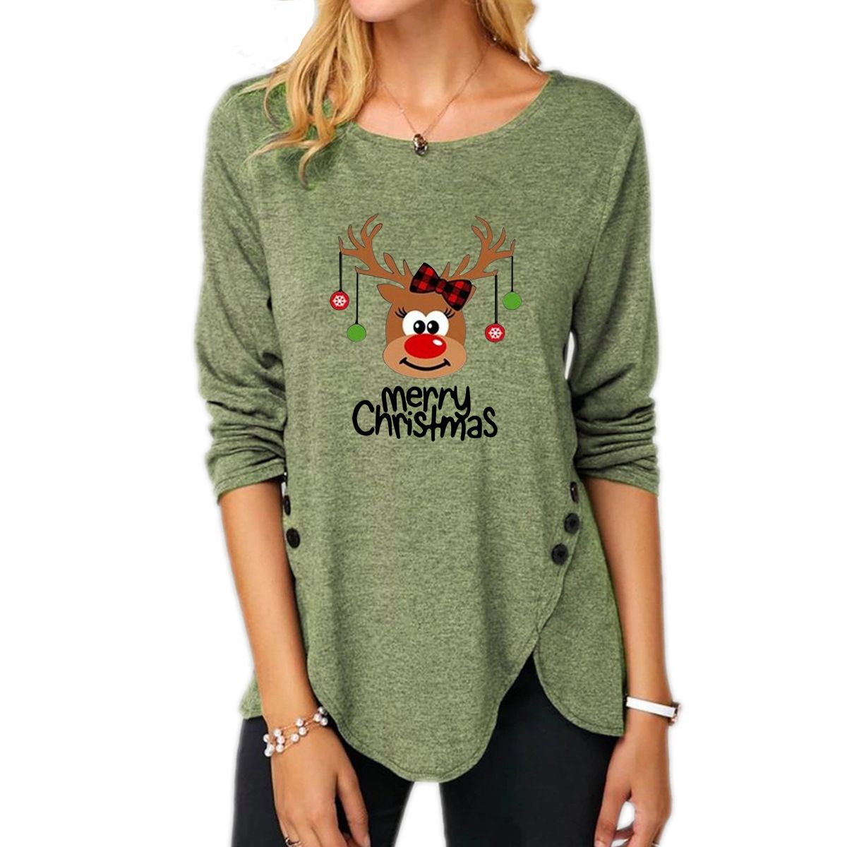 Button Long Sleeve Christmas Blouse