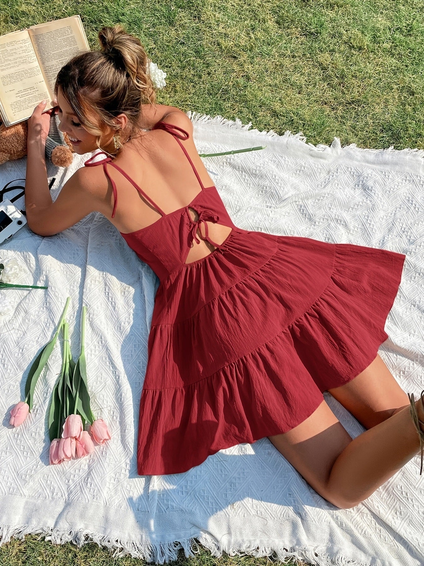 Solid Backless Pleated Cami Dress