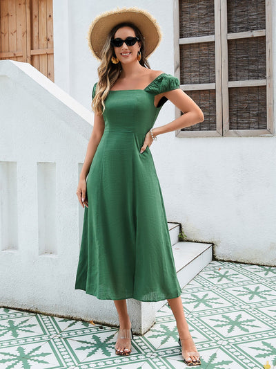 Off-Shoulder Linen-Cotton Midi Dress