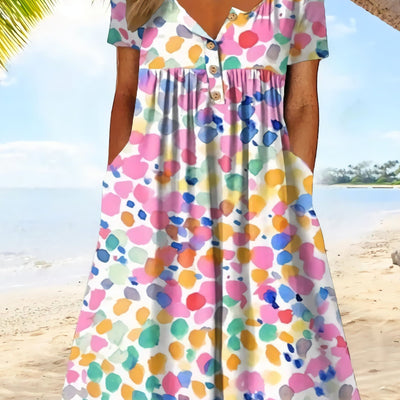 Painting Print Short Sleeve Button Up Dress