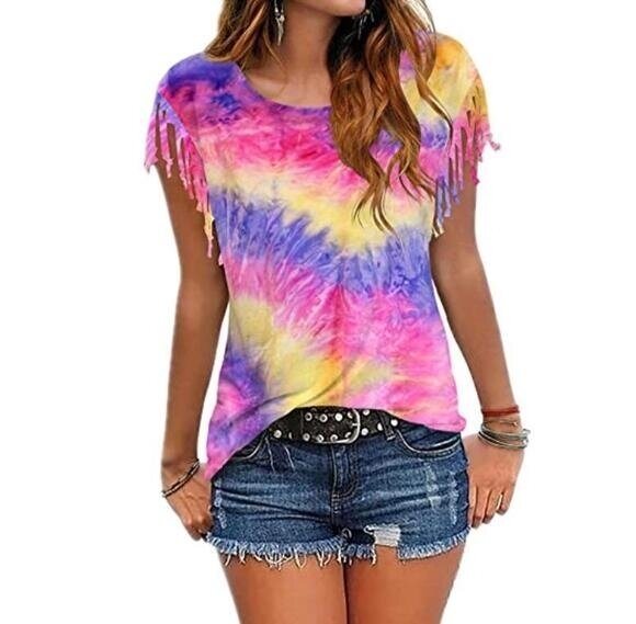 Tie-dye Fringed Short-Sleeved T-shirt