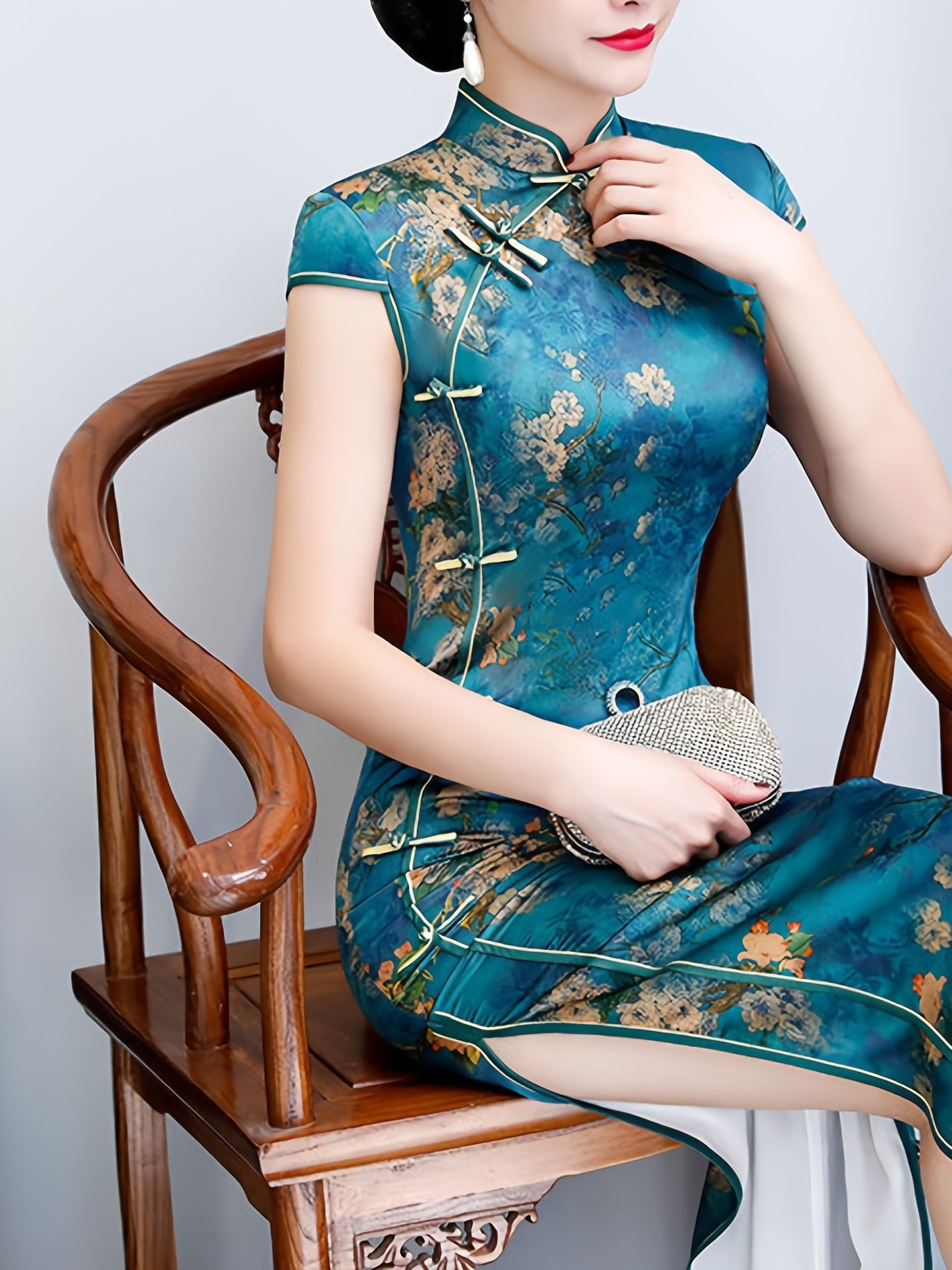 Blue Printed  Cheongsam Dress