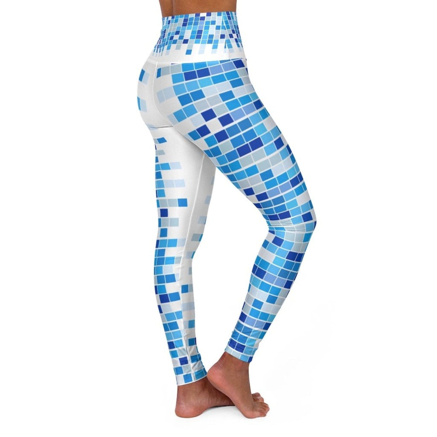 inQue.Style High Waisted Yoga Leggings, Blue And White Mosaic Square Style Pants