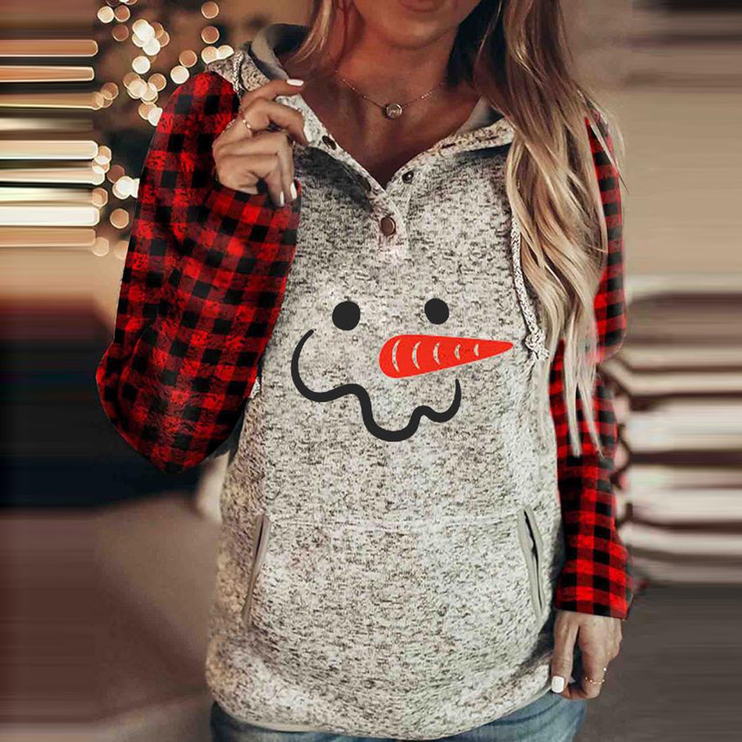 Christmas Print Plaid Stitching Hoodie