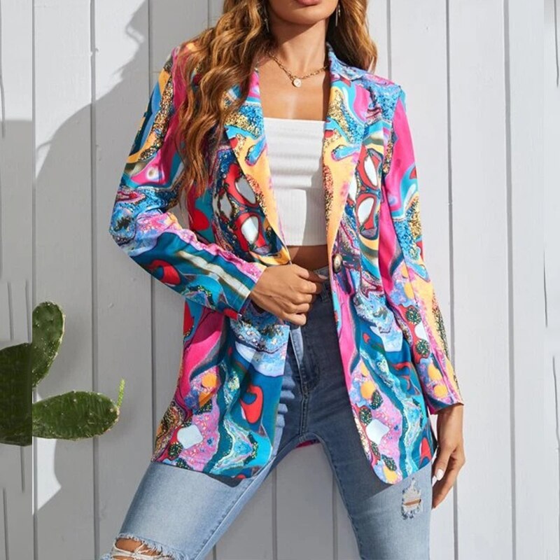 Colour Print Single Button Loose Blazers