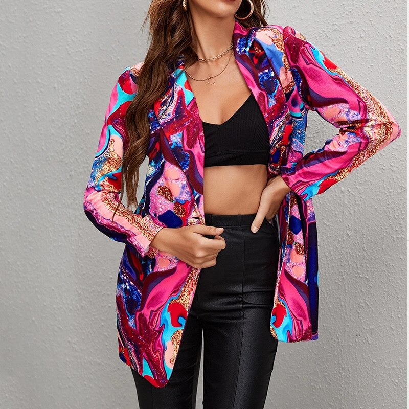 Colour Print Single Button Loose Blazers