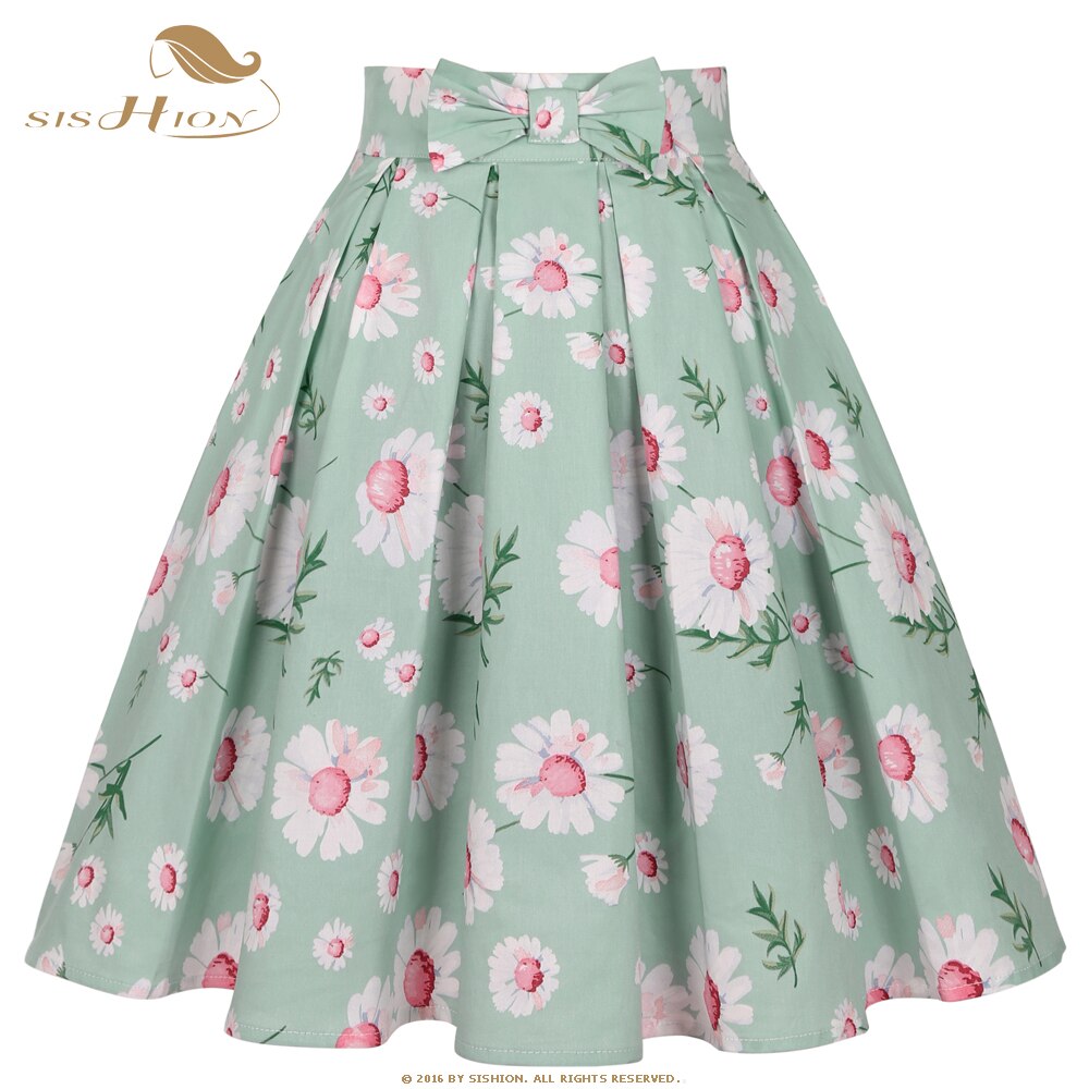 Cotton Light Green Floral Pleated Skirt with Bow